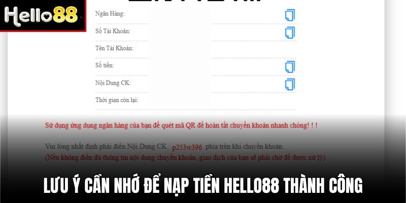 Nhập đúng các thông tin để nạp tiền Hello88 thành công